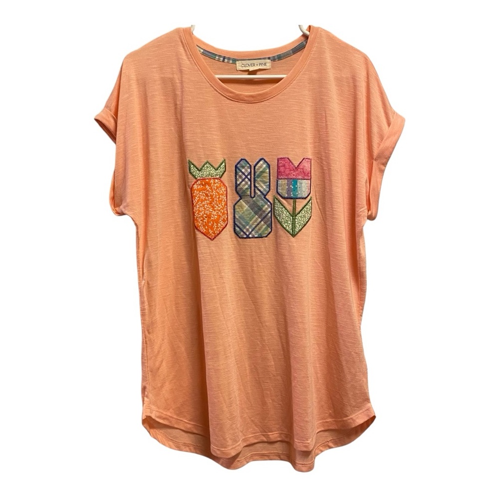 Clover + Pine embroidered Easter shirt Peach short sleeve Women’s Large